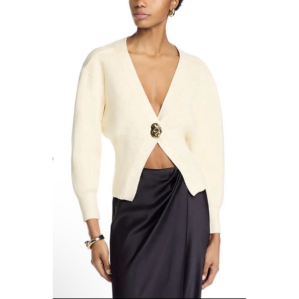 Fore Balloon Sleeve Cardigan Sweater  Ivory Size Small Gold Button Ribbed
